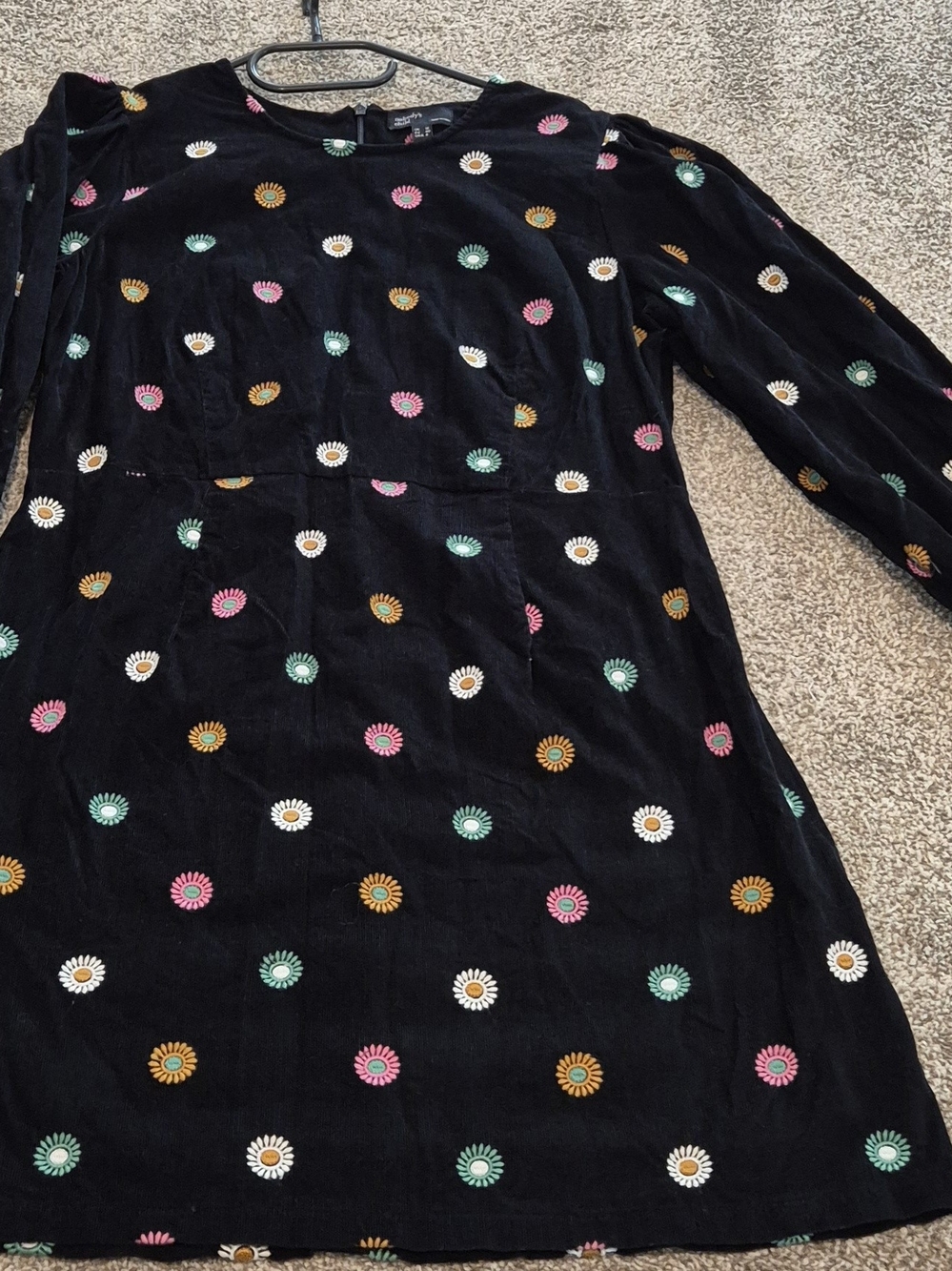 Black Velvet Midi Dress with Multicolor Daisy Embroidery